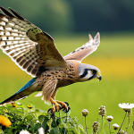 **Subject:** A majestic Common Kestrel (Faucon crécerelle) captured mid-air, expertly hovering with outstretched wings, its sharp eyes focused on the ground.
    **Environment:** The scene below depicts a visual contrast: one side features a rich, biodiverse natural landscape with a lush meadow, wildflowers, and scattered natural hedges, while the other side subtly transitions into a more expansive, uniform agricultural field, hinting at the pressures of modern farming. The overall lighting is natural and clear, emphasizing the bird's detailed plumage and the environmental setting.
    **Quality & Safety:** Professional wildlife photography, high detail, vibrant colors, clear focus, perfect anatomy, correct proportions, natural pose, well-formed talons, natural feather patterns, correct wing structure, safe for work, appropriate content, fully clothed, family-friendly.