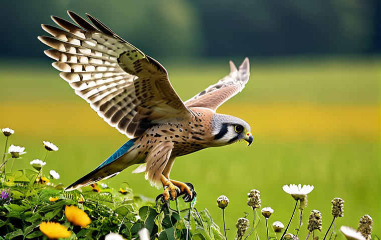 **Subject:** A majestic Common Kestrel (Faucon crécerelle) captured mid-air, expertly hovering with outstretched wings, its sharp eyes focused on the ground.
**Environment:** The scene below depicts a visual contrast: one side features a rich, biodiverse natural landscape with a lush meadow, wildflowers, and scattered natural hedges, while the other side subtly transitions into a more expansive, uniform agricultural field, hinting at the pressures of modern farming. The overall lighting is natural and clear, emphasizing the bird's detailed plumage and the environmental setting.
**Quality & Safety:** Professional wildlife photography, high detail, vibrant colors, clear focus, perfect anatomy, correct proportions, natural pose, well-formed talons, natural feather patterns, correct wing structure, safe for work, appropriate content, fully clothed, family-friendly.