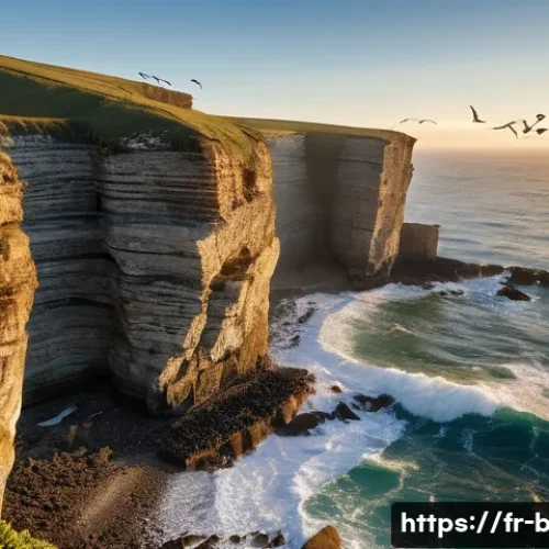 갈매기의 해안 서식지 - A dramatic coastal cliff scene during golden hour, featuring a colony of seagulls nesting on narrow ...