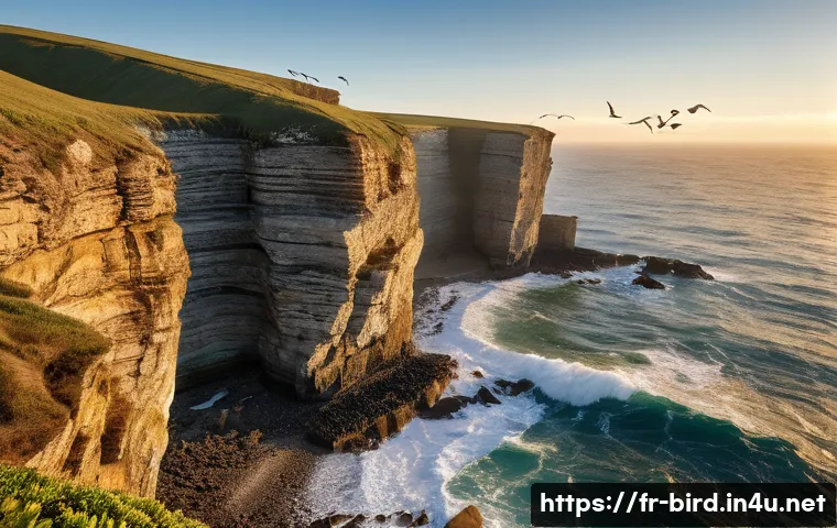 갈매기의 해안 서식지 - A dramatic coastal cliff scene during golden hour, featuring a colony of seagulls nesting on narrow ...