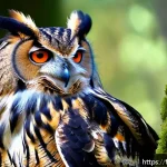 부엉이의 번식 시기 - A detailed close-up of a Eurasian Eagle-Owl (Grand-Duc d&rsquo;Europe) perched in a dense French mountain ...