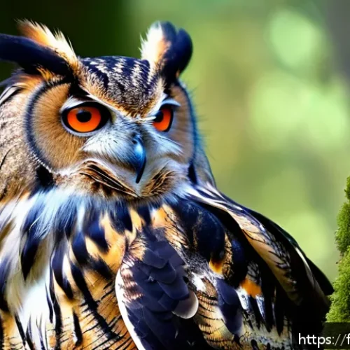 부엉이의 번식 시기 - A detailed close-up of a Eurasian Eagle-Owl (Grand-Duc d&rsquo;Europe) perched in a dense French mountain ...