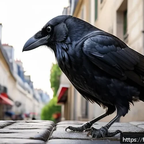 까치의 지능 실험 - A highly detailed scene of a clever crow in an urban Parisian environment using a bent metal wire as...