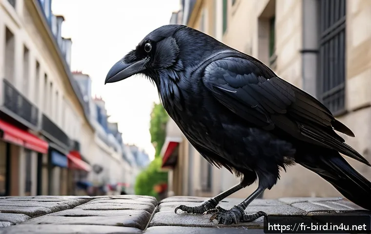 까치의 지능 실험 - A highly detailed scene of a clever crow in an urban Parisian environment using a bent metal wire as...